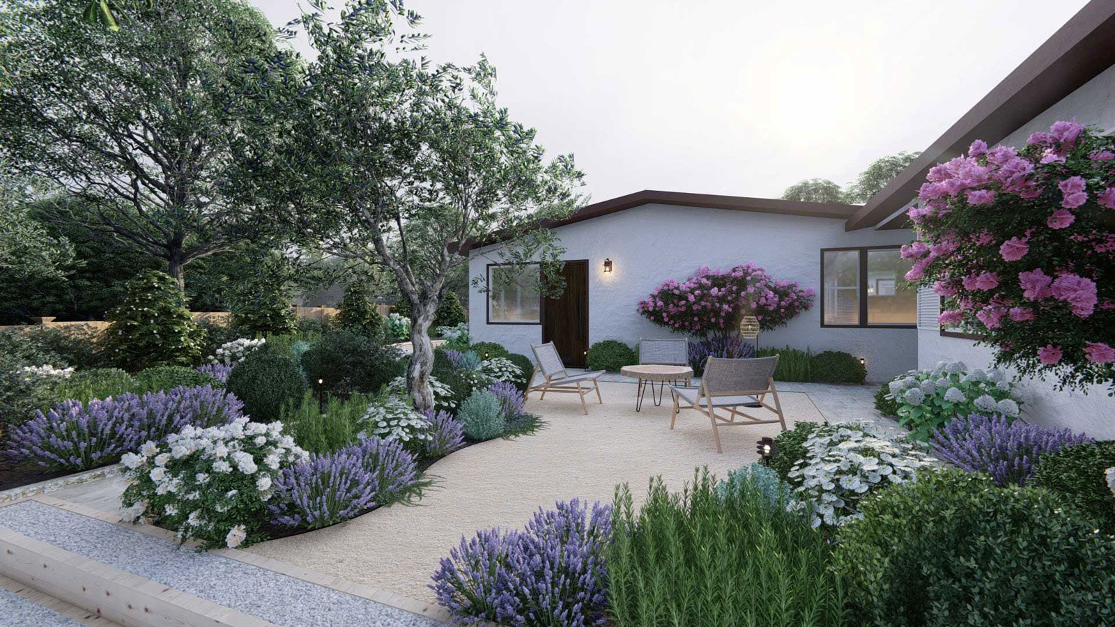 Patio and driveway with landscaping